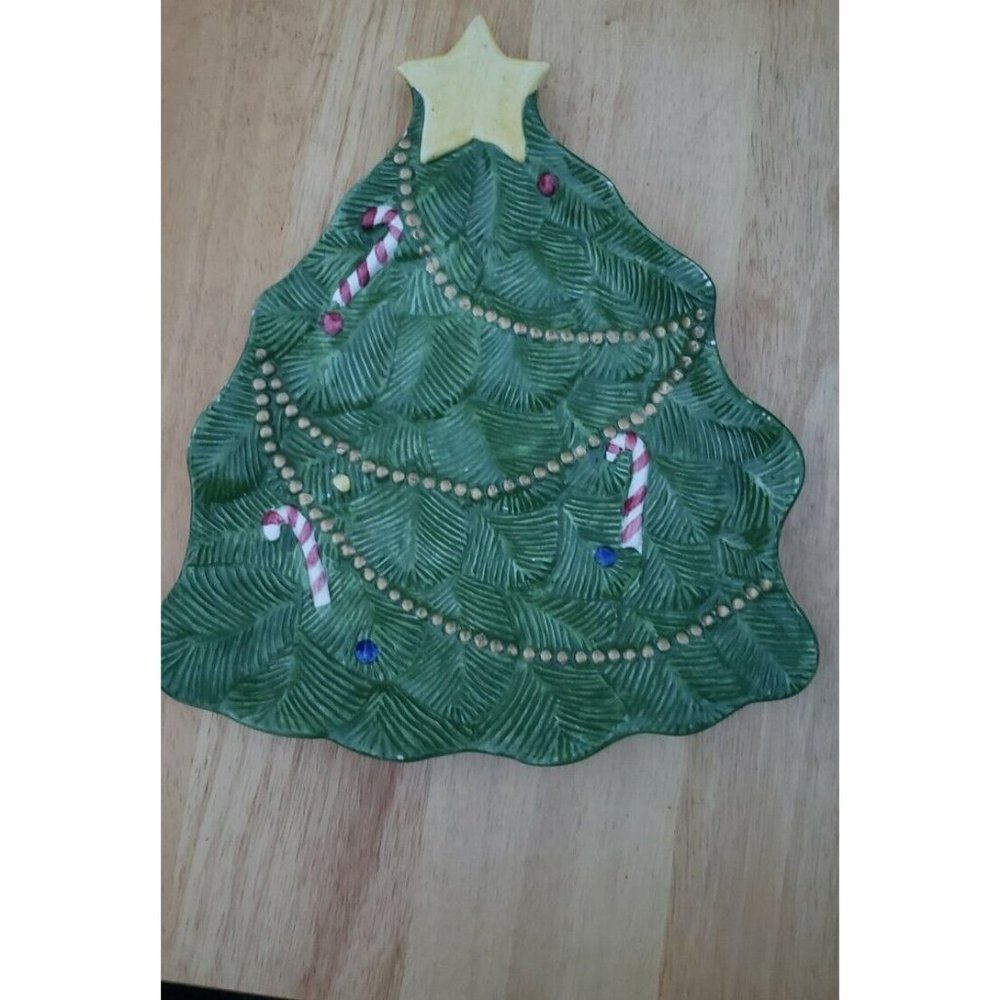 PORCELAIN CHRISTMAS TREE ORNAMENT SHAPED SERVING DISH PLATTER VINTAGE